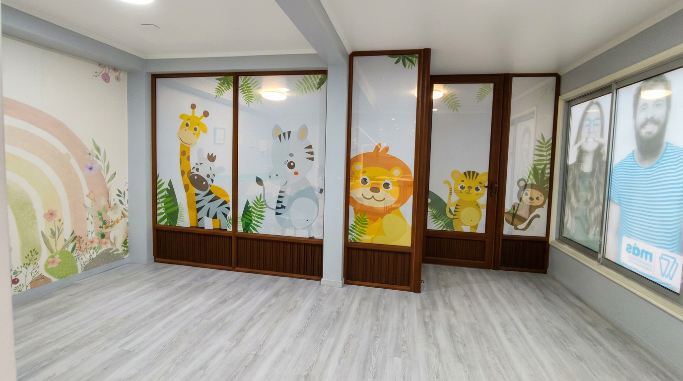 Sala de espera infantil decorada con animales